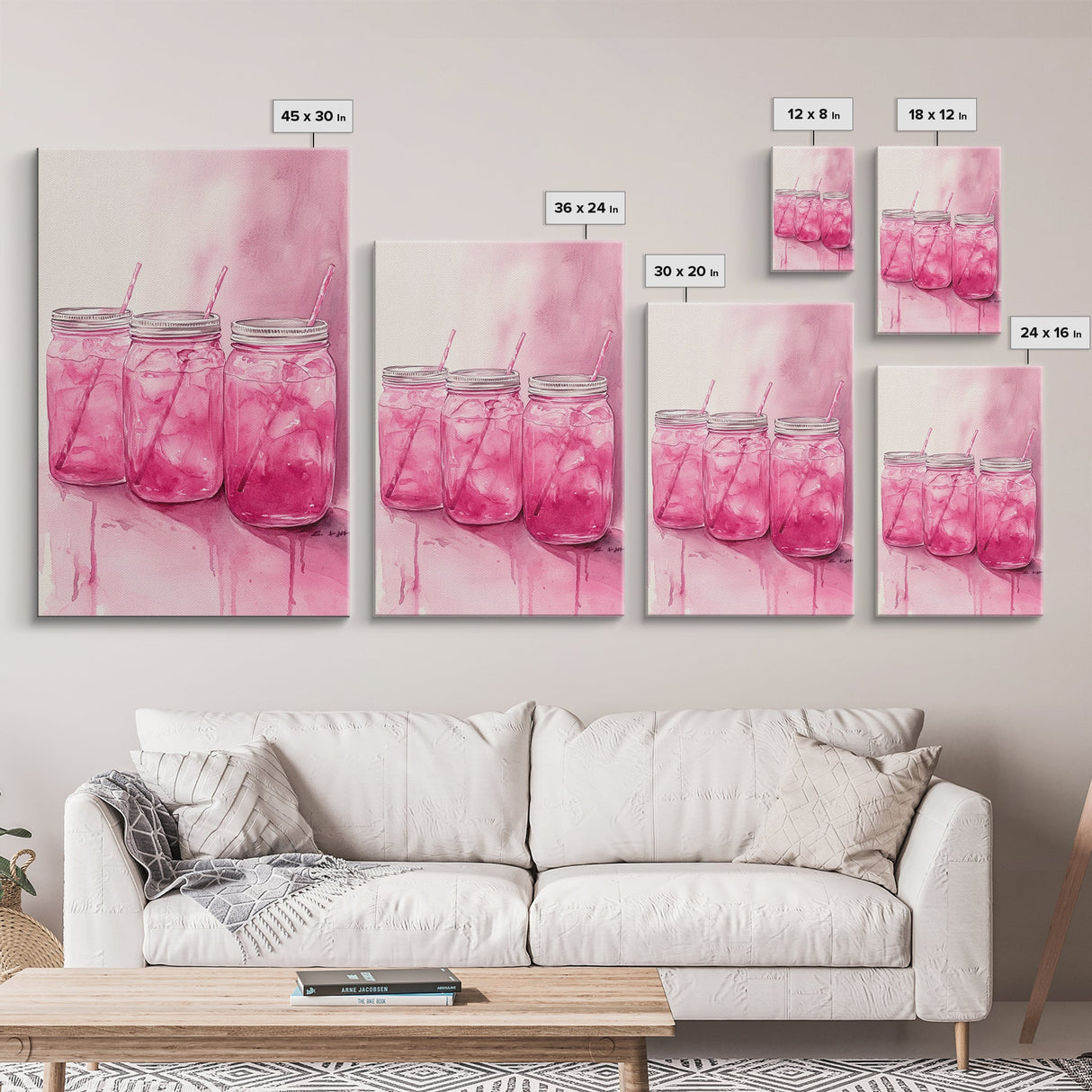 Pink Lemonade Jars Framed Canvas Print Food Review Kitchen Art Light Pink Wall Art Whimsical Art Rustic Decor Farmhouse Style
