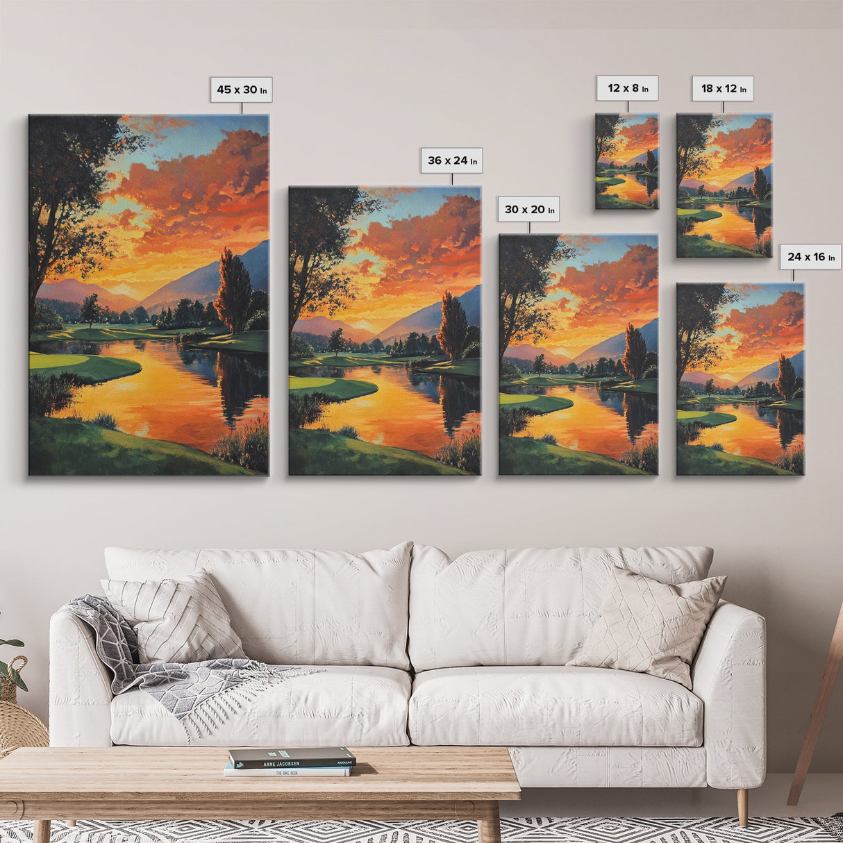 Golden Sunset Golf Framed Canvas Print, Landscape Wall Art, Rustic Horizontal Decor, Living Room Painting, Gift Idea for Him