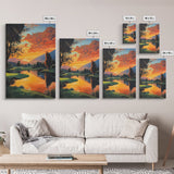 Golden Sunset Golf Framed Canvas Print, Landscape Wall Art, Rustic Horizontal Decor, Living Room Painting, Gift Idea for Him
