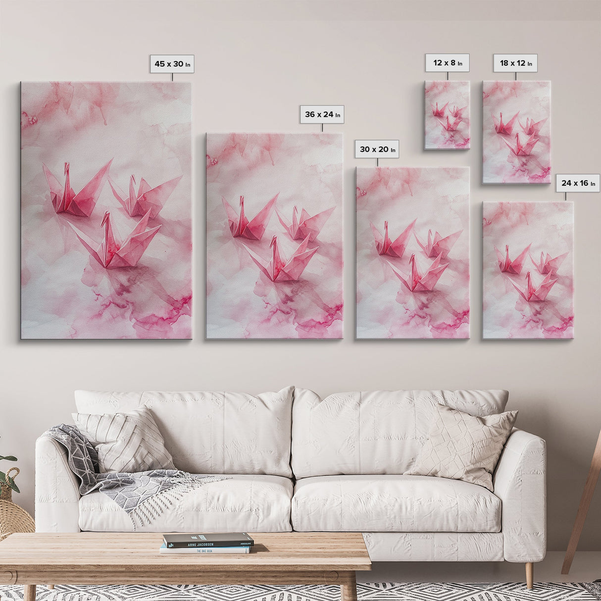 Origami Cranes Canvas Print, Pink Paper Bird Art, Minimalist Zen Decor, Whimsical Artwork Bedroom Wall Art, Japanese-Inspired Gift
