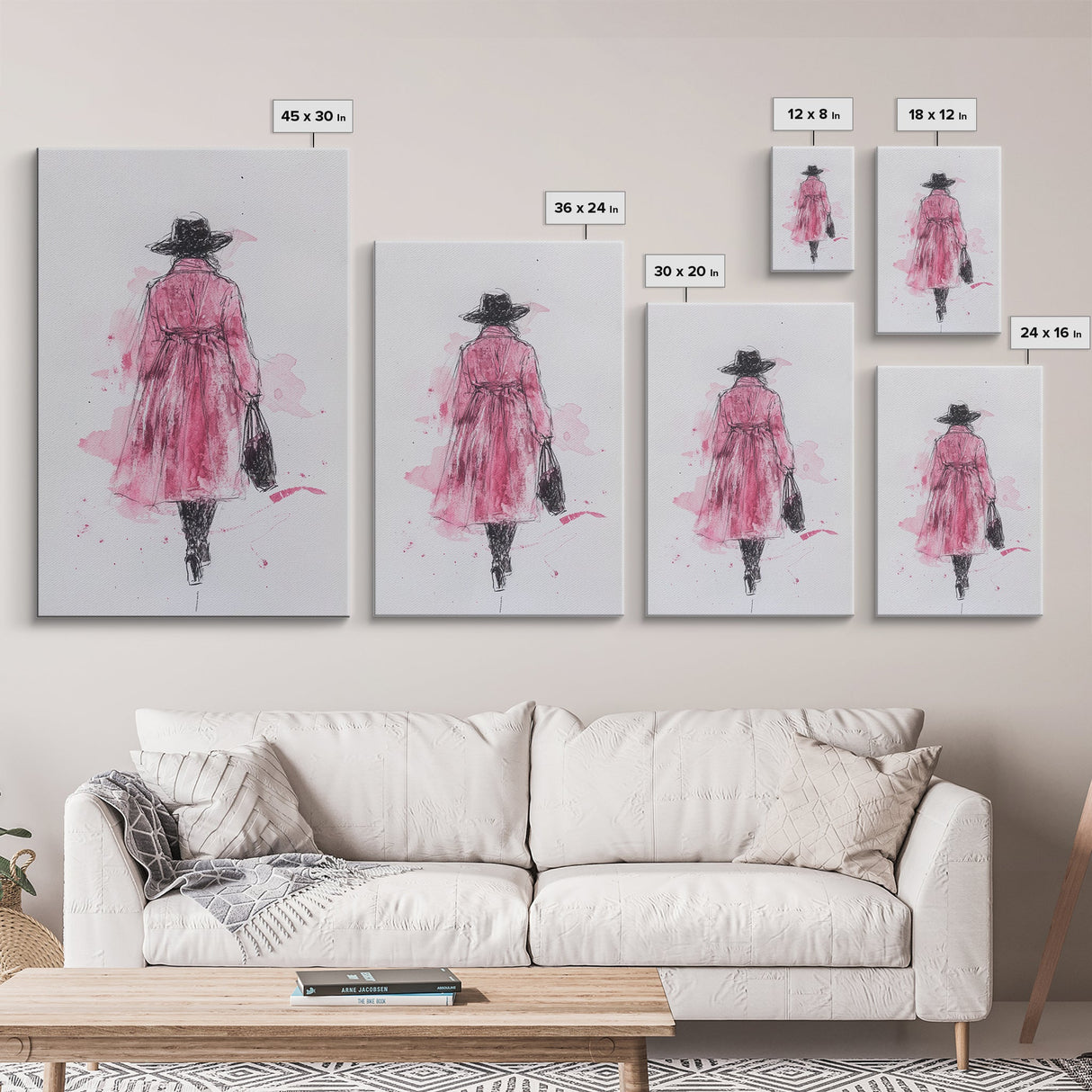 Woman in Coat Framed Canvas Print Light Pink Wall Art Moody Minimalist Fashion Illustration Rustic Aesthetic Unique Gift Idea