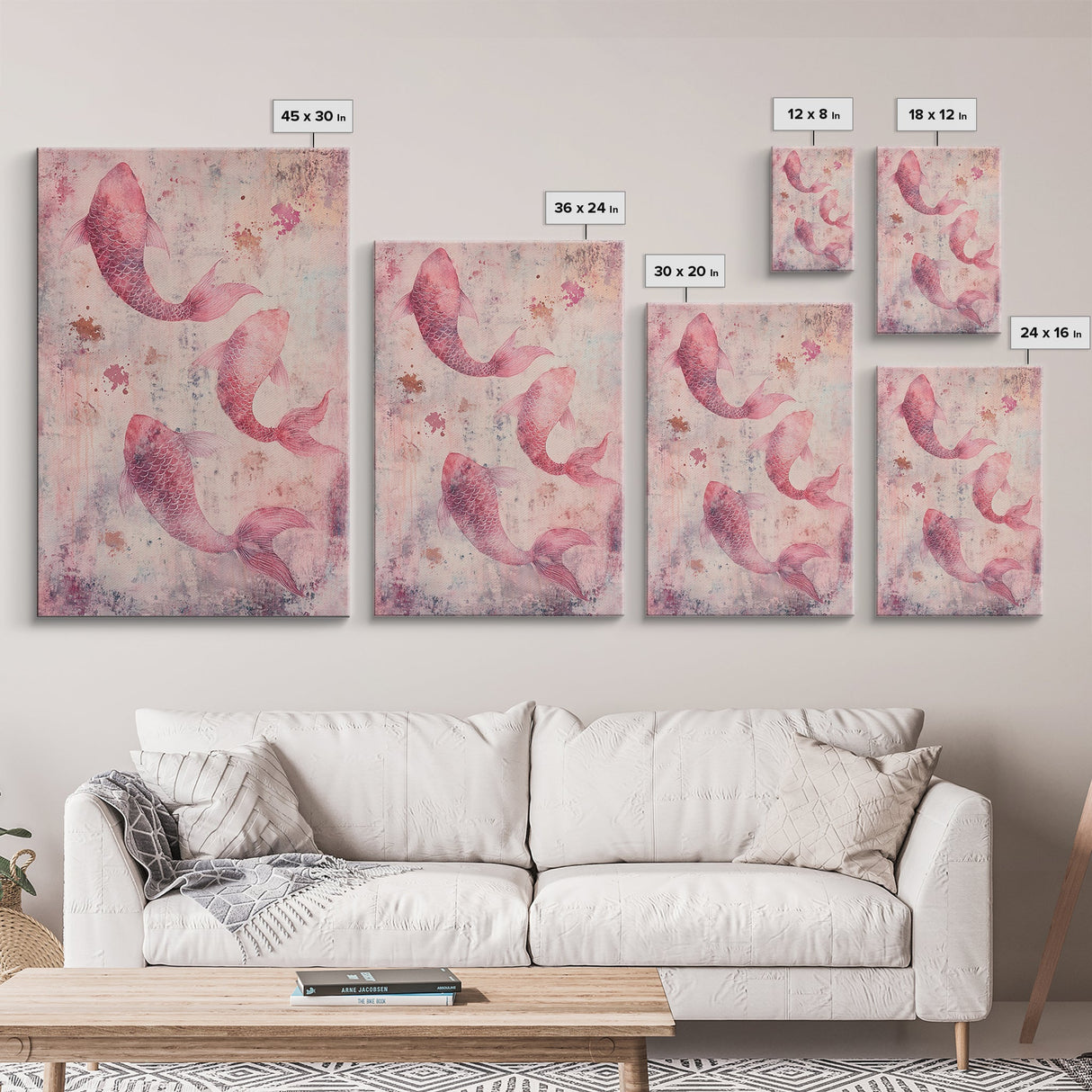 Artistic koi fish painting with framed canvas print, pink abstract art, light pink wall art, gift idea, moody art above bed decor