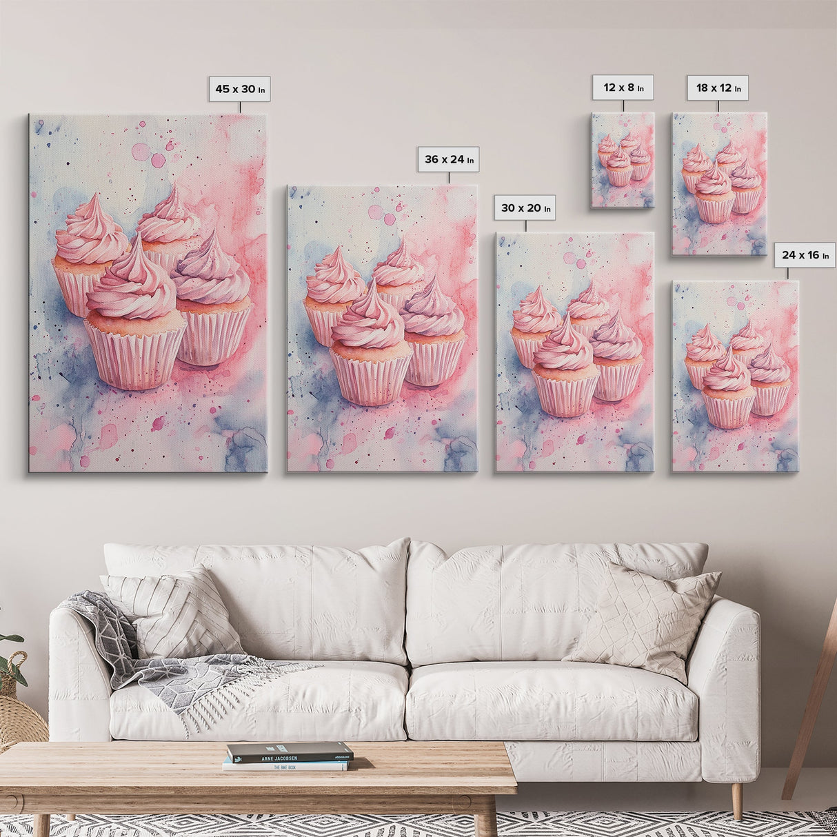 Pink frosted cupcake painting on framed canvas print, whimsical art, food review kitchen art, living room art, guest room decor