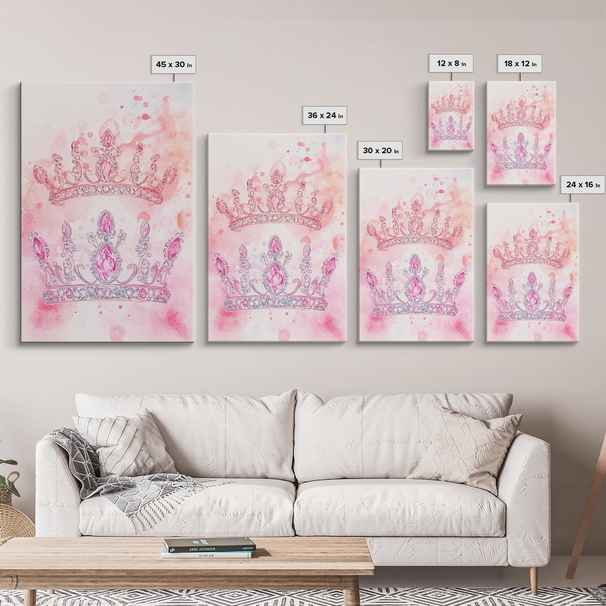 Twin jeweled crown painting featuring framed canvas print, whimsical art, light pink wall art, goddess art print, gift idea decor