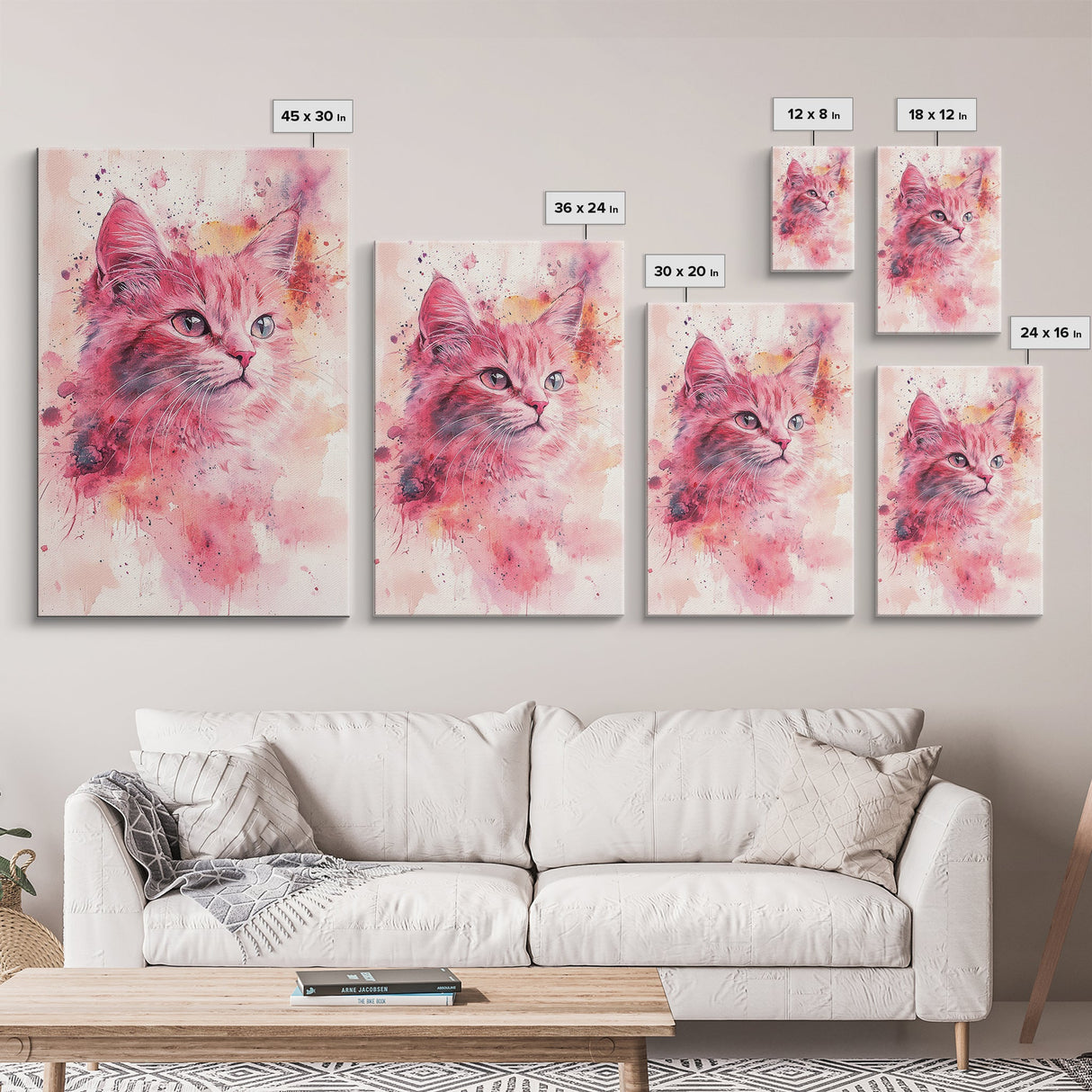 Pink Cat Portrait Canvas Print, Whimsical Art, Feline Wall Art, Light Pink Wall Art, Bedroom Art, Artistic Decor, Gift Idea for Cat Lovers