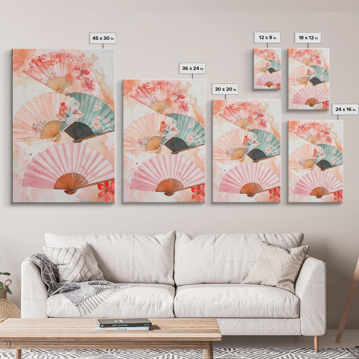 Japanese Fan Art Canvas Print Cherry Blossom Painting Chinoiserie Wall Art Boho Decor Vertical Wall Art Gift Idea Original