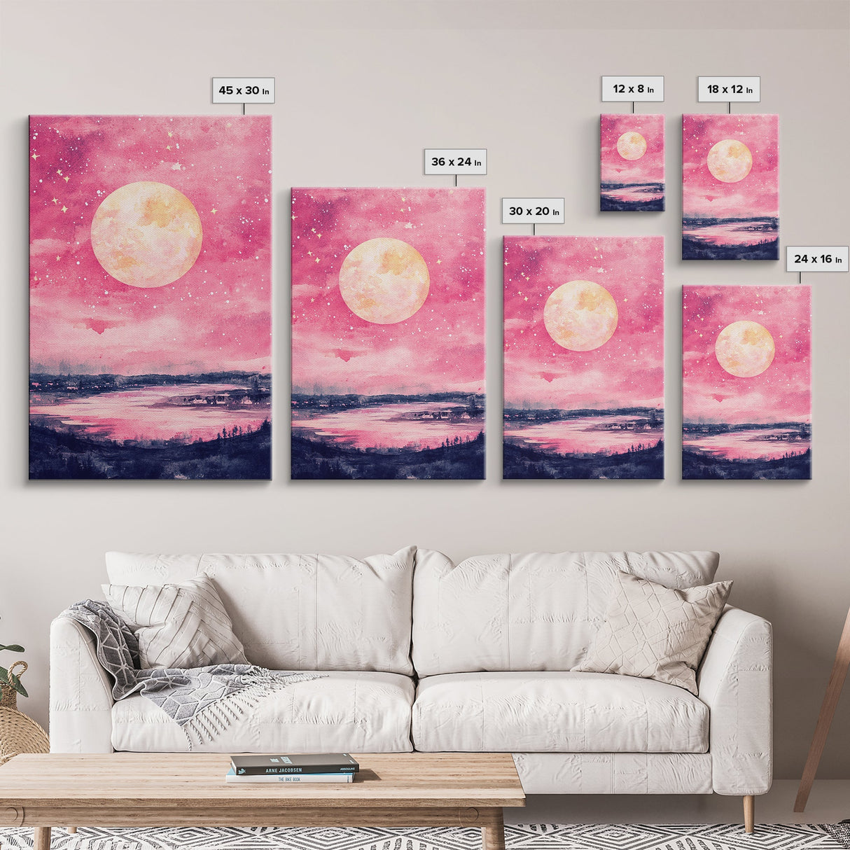 Moonlit Sky over Lake Framed Canvas Print, Pink Night Landscape Painting Coastal Wall Art, Minimalist Bedroom or Guest Room Decor