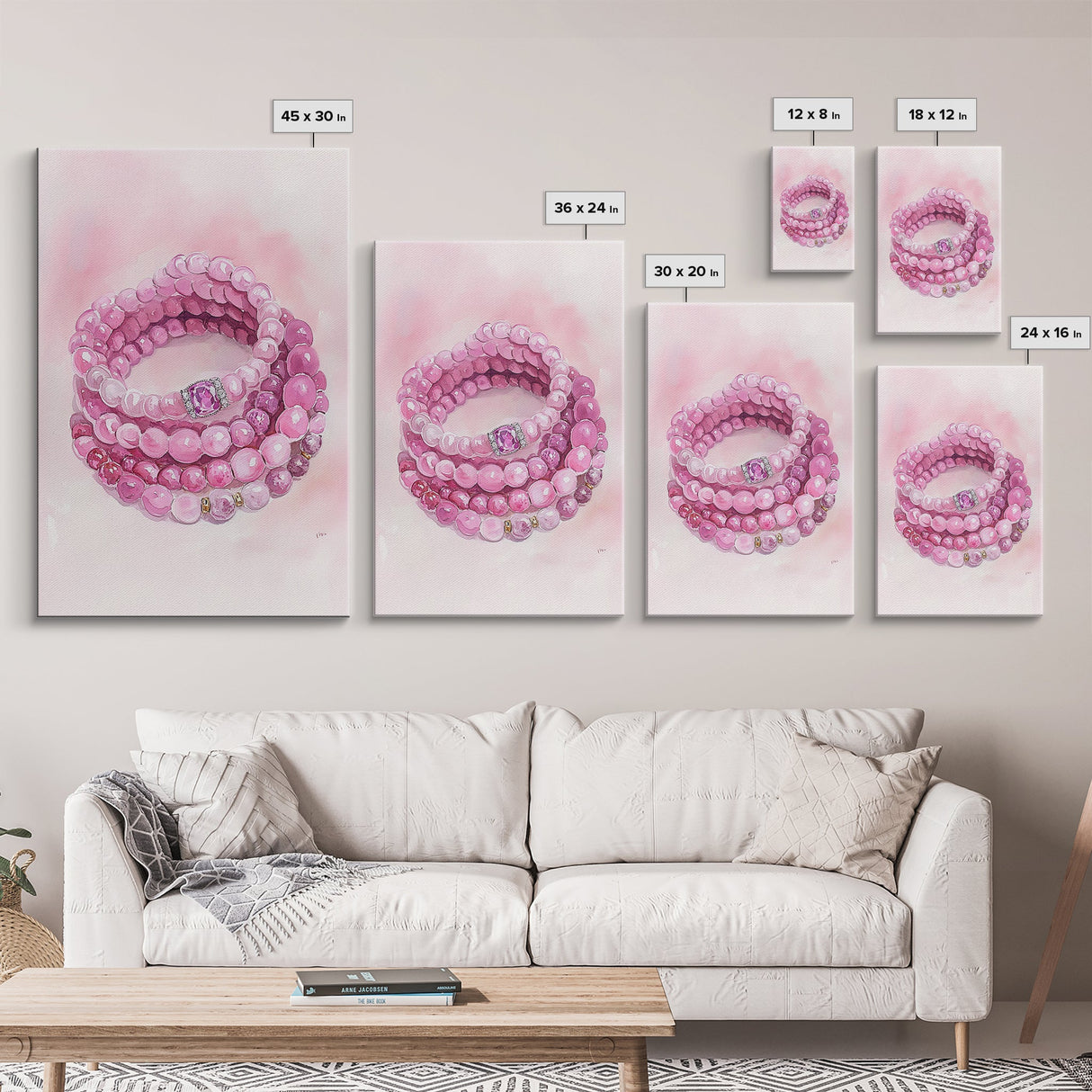 Pink Gemstone Bracelet Painting Framed Canvas Print, Whimsical Jewelry Art Light Pink Decor, Feminine Bedroom or Gift Aesthetic
