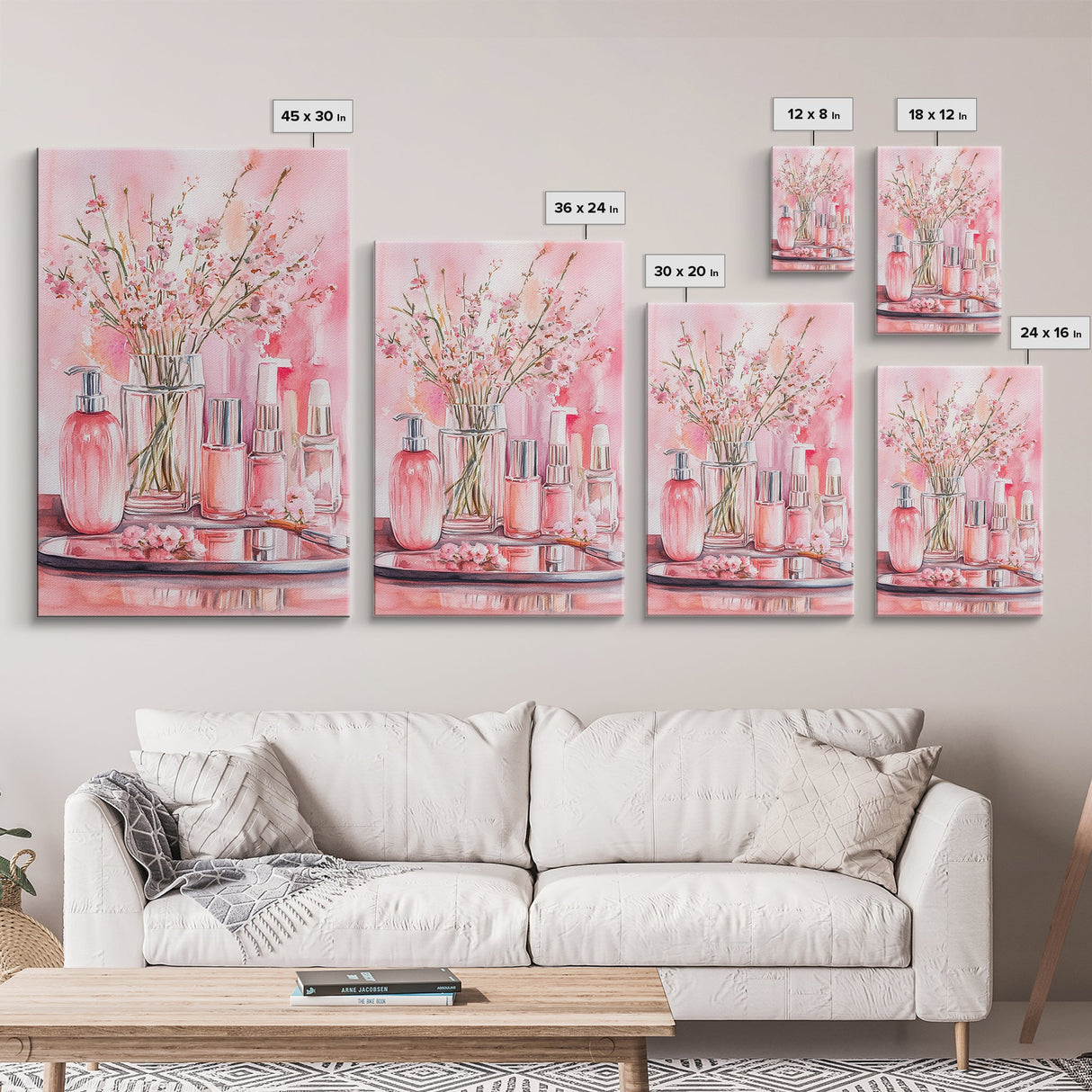 Pink wildflower botanical prints with glass bottles framed canvas print for bedroom or guest room rustic decor gift idea her wall art