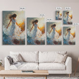 Ethereal Woman with Flowing Dress Framed Canvas Print, Dreamy Goddess Art Perfect as Above Sofa or Romantic Bedroom Wall Decor