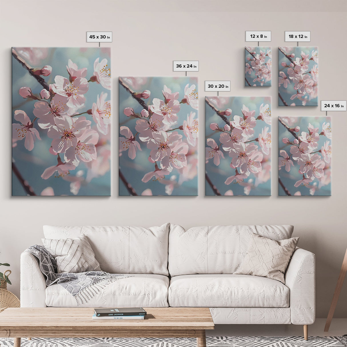 Japanese Sakura Canvas Print | Cherry Blossom Painting Art | Pastel Blue Floral Wall Art Gift Idea | Light Pink Bedroom Art