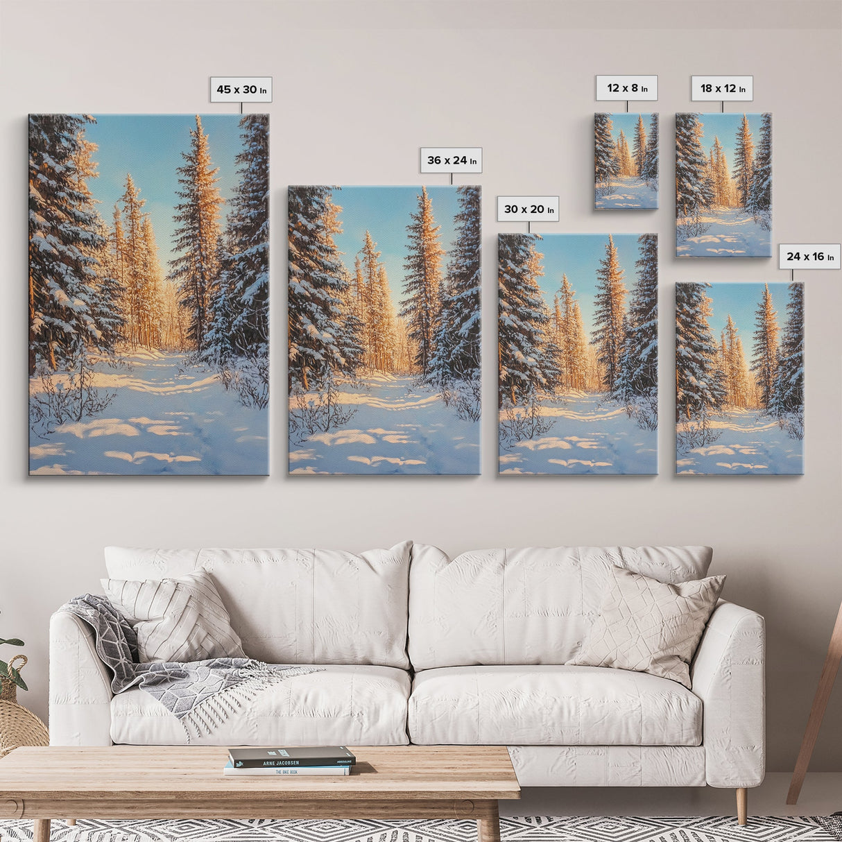 Winter Wonderland Framed Canvas Print, Snowy Forest Landscape Painting with Pine Tree Art, Cozy Rustic Wall Decor