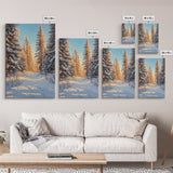Winter Wonderland Framed Canvas Print, Snowy Forest Landscape Painting with Pine Tree Art, Cozy Rustic Wall Decor