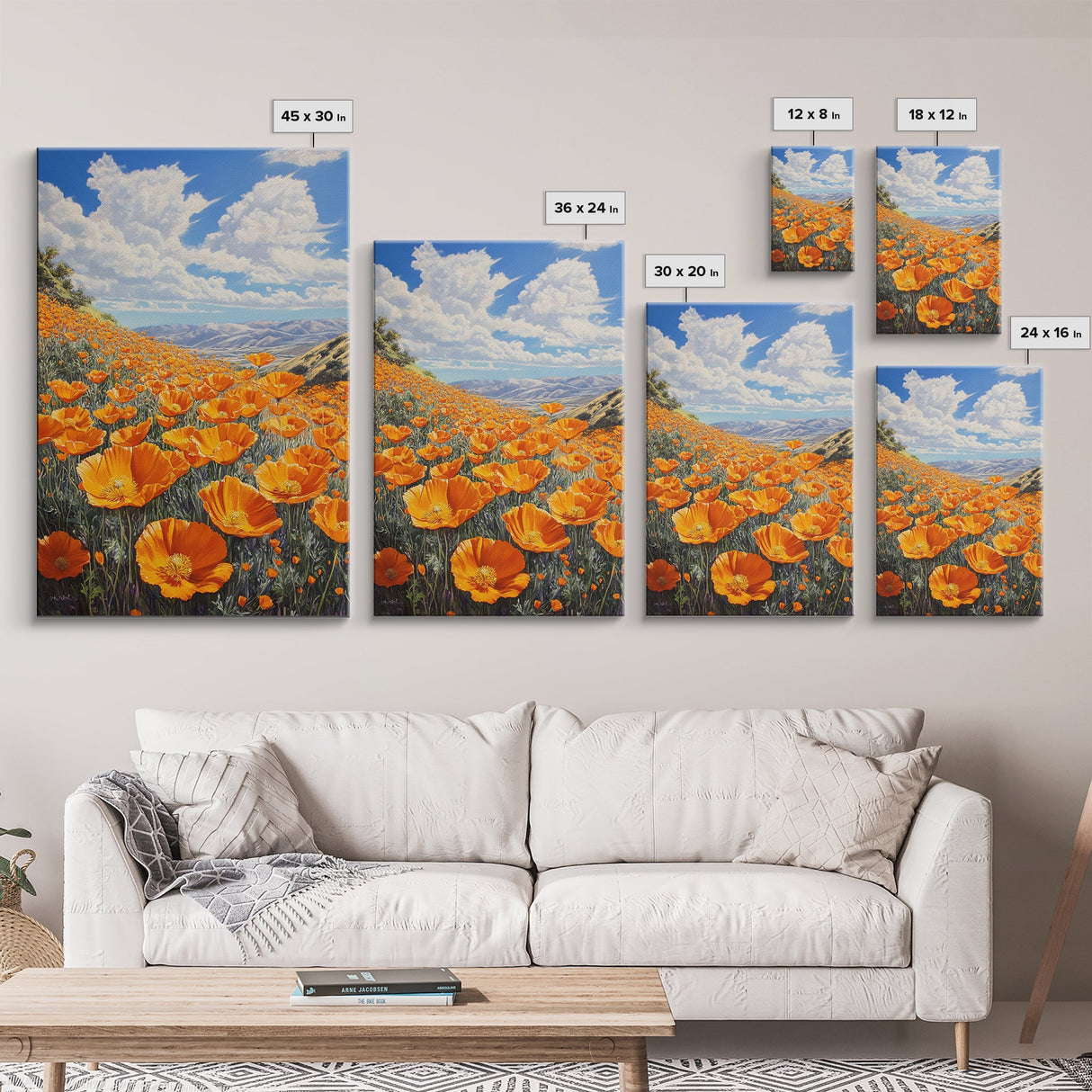 California Poppy Canvas Print with Vibrant Wildflower Painting, Rustic Living Room Art, Nature Landscape for Farmhouse Wall Decor