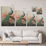 Peacock Canvas Print with Cherry Blossom Painting, Vibrant Oriental Art, Rustic Chinoiserie Wall Decor, Bold Statement Piece for Living Room