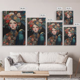 Goddess Art Framed Canvas Print Featuring Whimsical Floral Headdress and Bird Art, Boho Bedroom Art with Vibrant Chinoiserie Vibes