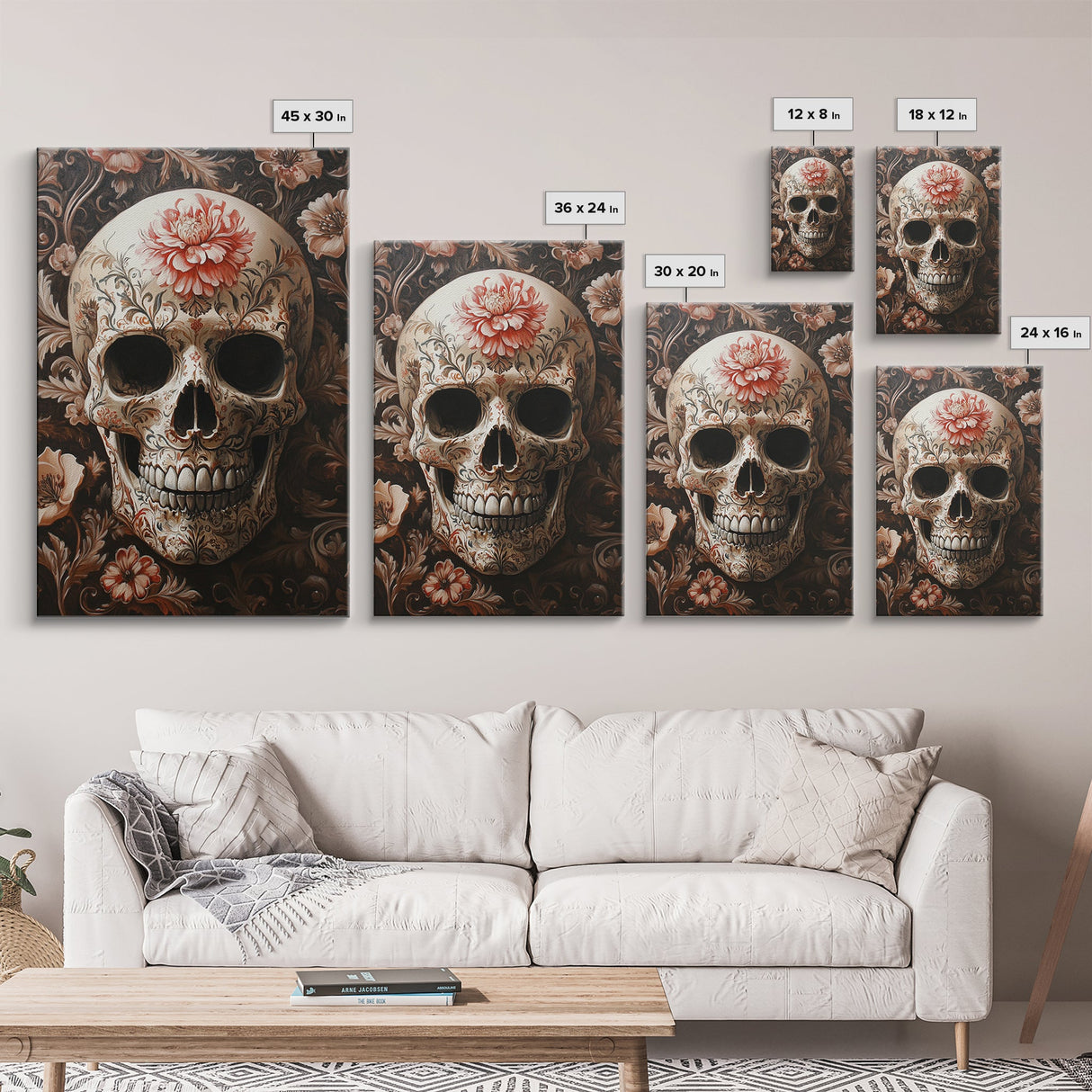 Skull Art Framed Canvas Print with Floral Botanical Prints in Gothic Chinoiserie Style, Perfect Halloween Rustic Wall Art Decoration