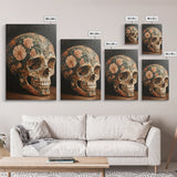 Skull Art Framed Canvas Print Featuring Floral Boho Design in Rustic Chinoiserie Style, Gothic Bedroom Art and Halloween Wall Decor