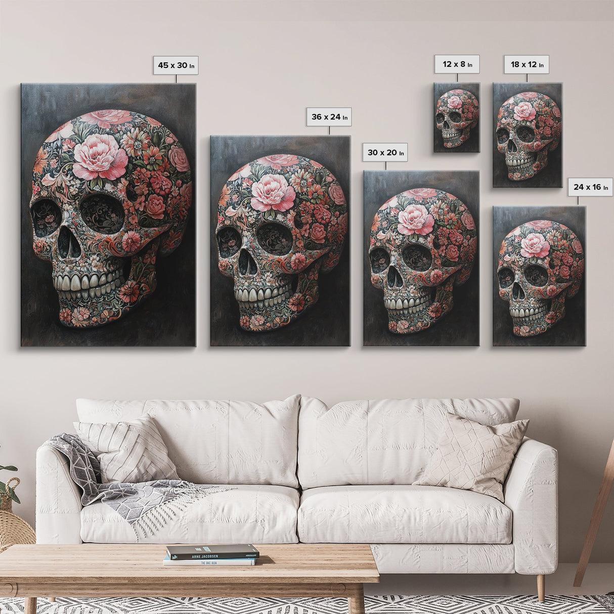 Skull Art Framed Canvas Print with Intricate Floral Patterns in Gothic Boho Style, Chinoiserie-Inspired Rustic Bedroom or Living Room Art