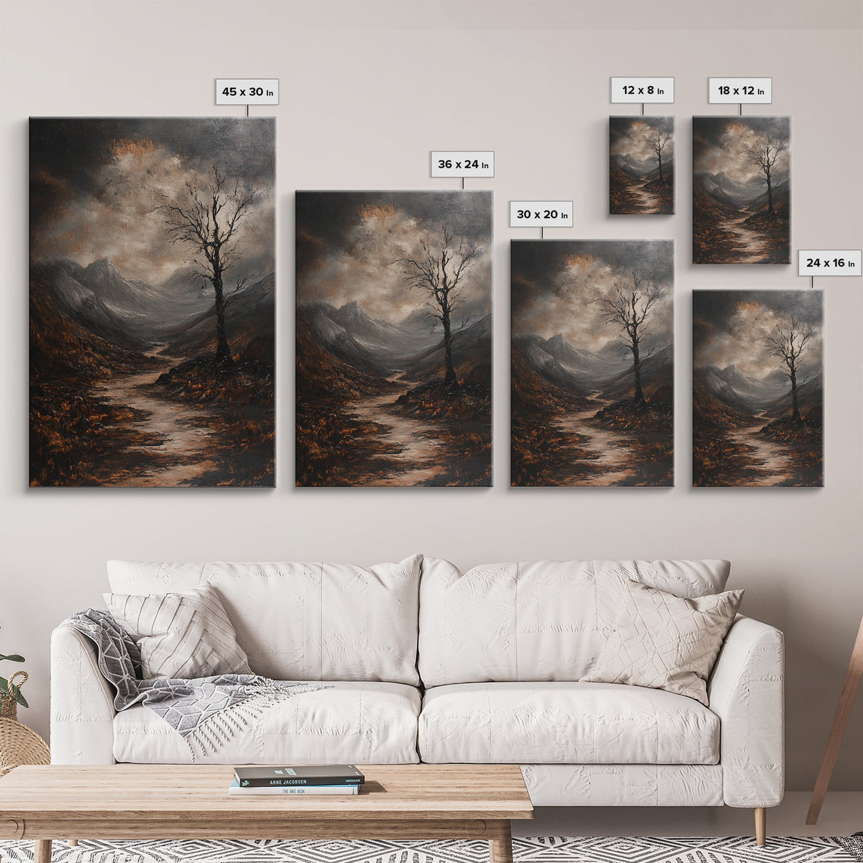 Mountain Painting Framed Canvas Print with Mystical Sunrise Over Autumn Forest Path, Rustic Landscape Art with Moody Coastal Vibes