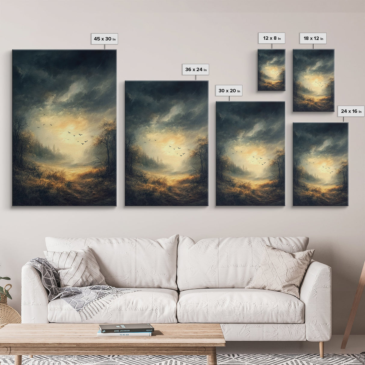 Landscape Painting Framed Canvas Print Featuring Sunset Over Autumn Forest with Dark Romantic Smoky Mountain Art and Rustic Decor