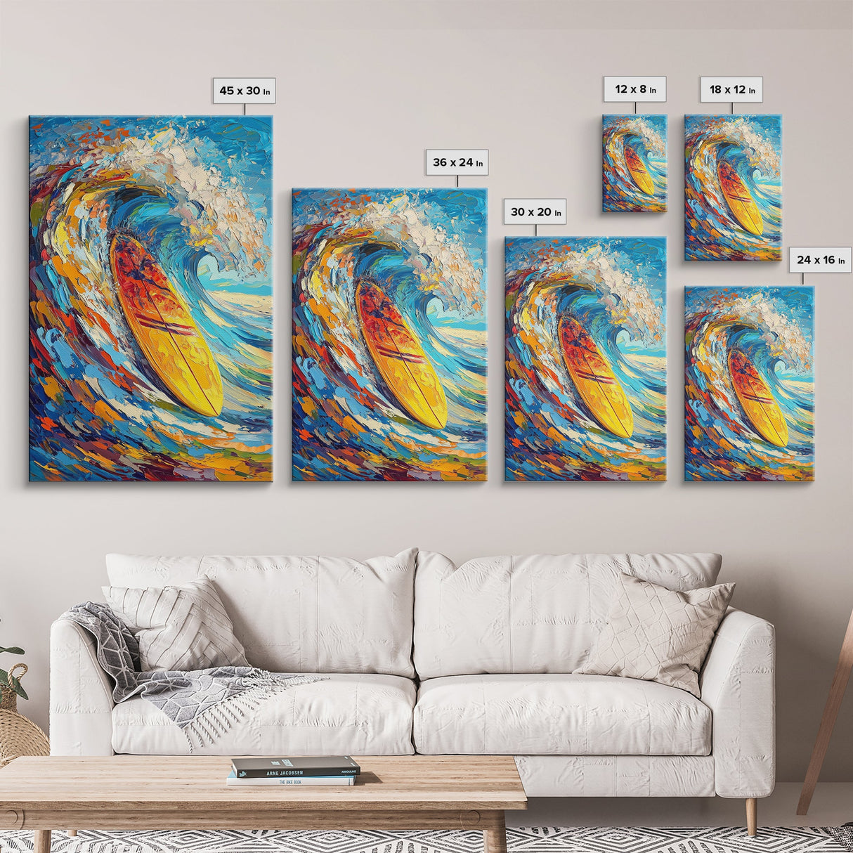 Energetic Surfboard Wave Canvas Print with Bold Abstract Coastal Painting and Nautical Decor for Extra Wide Wall Art Display