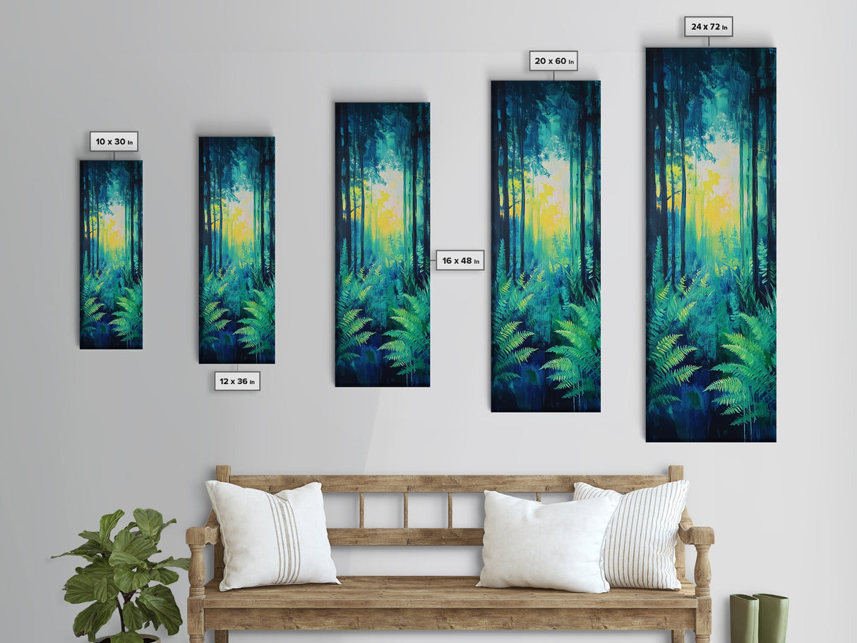 Forest Glow, pine tree art, moody art, landscape painting, above sofa art, gift idea for her, Framed Canvas Print
