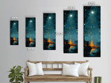 Moonlit Campfire, forest at dusk painting, moody art, rustic decor, vertical wall art, boho art, Canvas Print