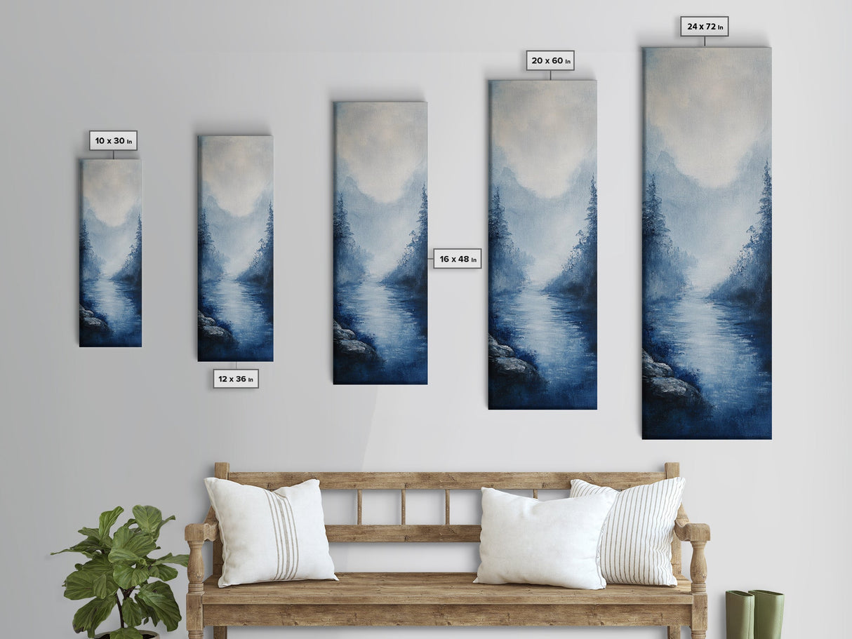 Misty Mountains, smoky mountain art, moody art, panoramic painting, vertical wall art, rustic decor, Canvas Print