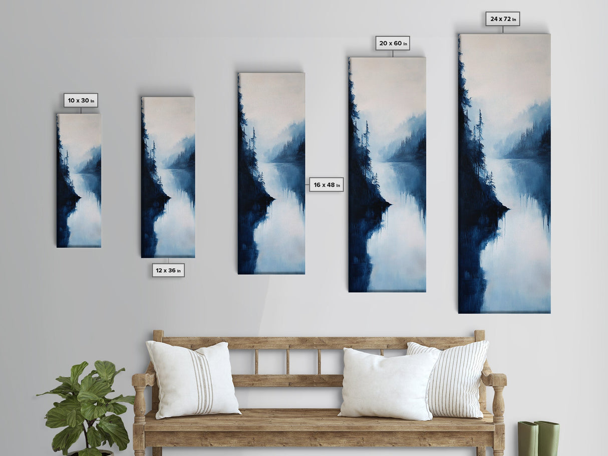 Misty Lake, pine tree art, moody art, mountain painting, wabi sabi art, blue and green wall art, Framed Canvas Print, rustic wall art