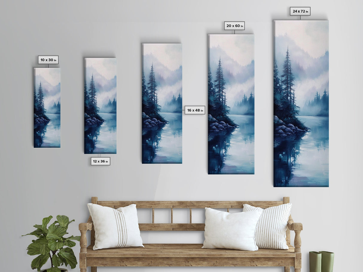 Foggy River, landscape painting, lake Tahoe art, blue and green wall art, pine tree art, zen wall art, Framed Canvas Print, bedroom art