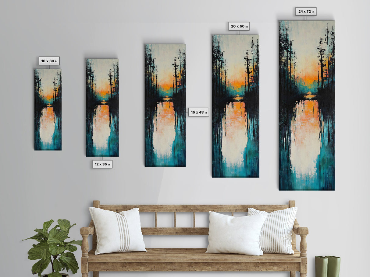 Sunset Reflection, coastal painting, pink orange wall art, lake Tahoe art farmhouse art, Framed Canvas Print, panoramic art