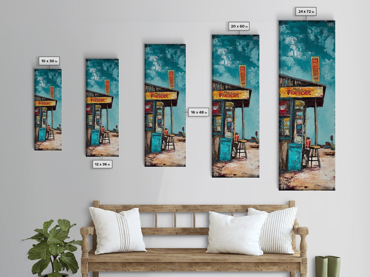 Rustic Gas Station, chicano art, guest check wall art, graffiti wall art, vintage folk art, Framed Canvas Print, tall skinny art