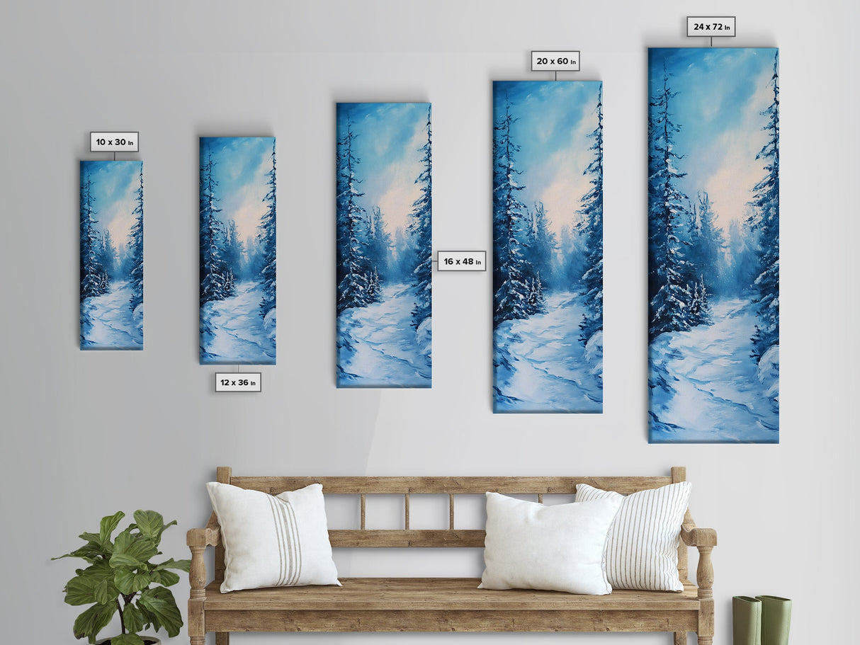 Winter Path, snowy pine tree art, moody art, Christmas wall art, wabi sabi art, landscape painting, Framed Canvas Print