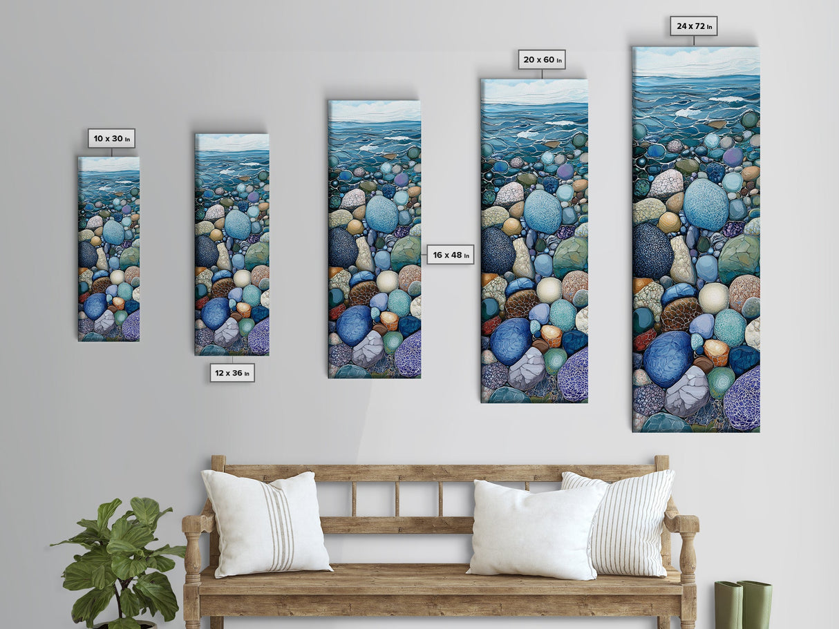Pebble Beach, mosaic wall art, coastal decor, nautical painting, blue and green wall art, extra wide art, Canvas Print, above sofa art