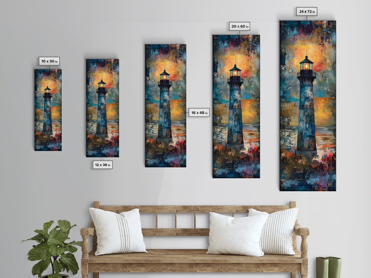Lighthouse Glow, Moody Seascape, Nautical Painting, Coastal Decor, Sunset Wall Art, Framed Canvas Print, Bedroom Art