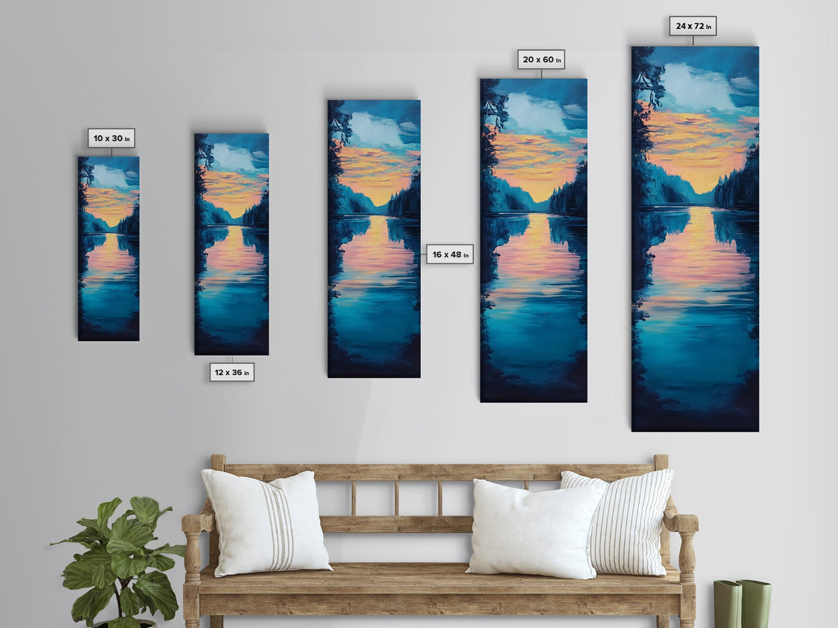 Sunset reflection, lake painting, landscape art, smoky mountain art, wabi sabi art, vertical wall art, framed canvas print, moody art