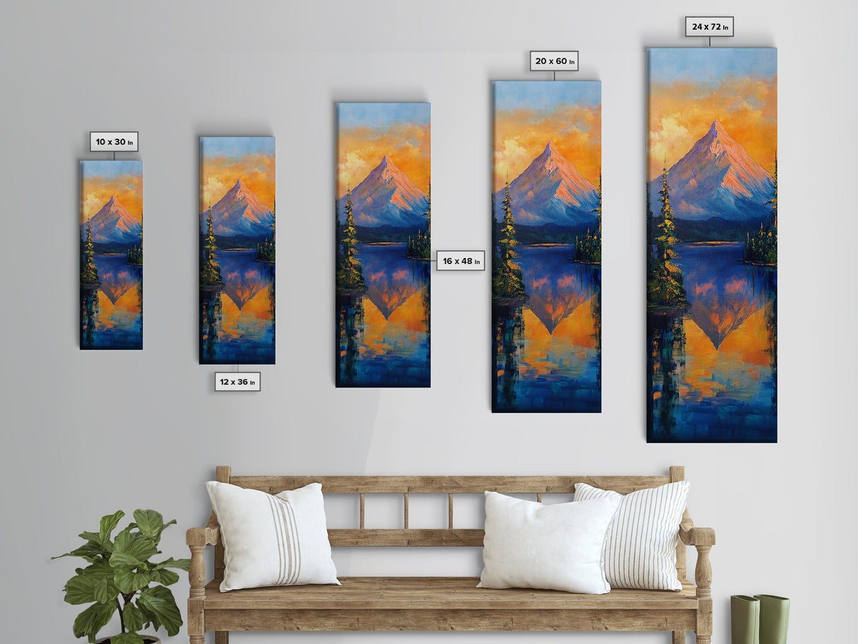 Landscape Painting, Framed Canvas Print, blue and green wall art, panoramic painting, extra wide art, mountain painting