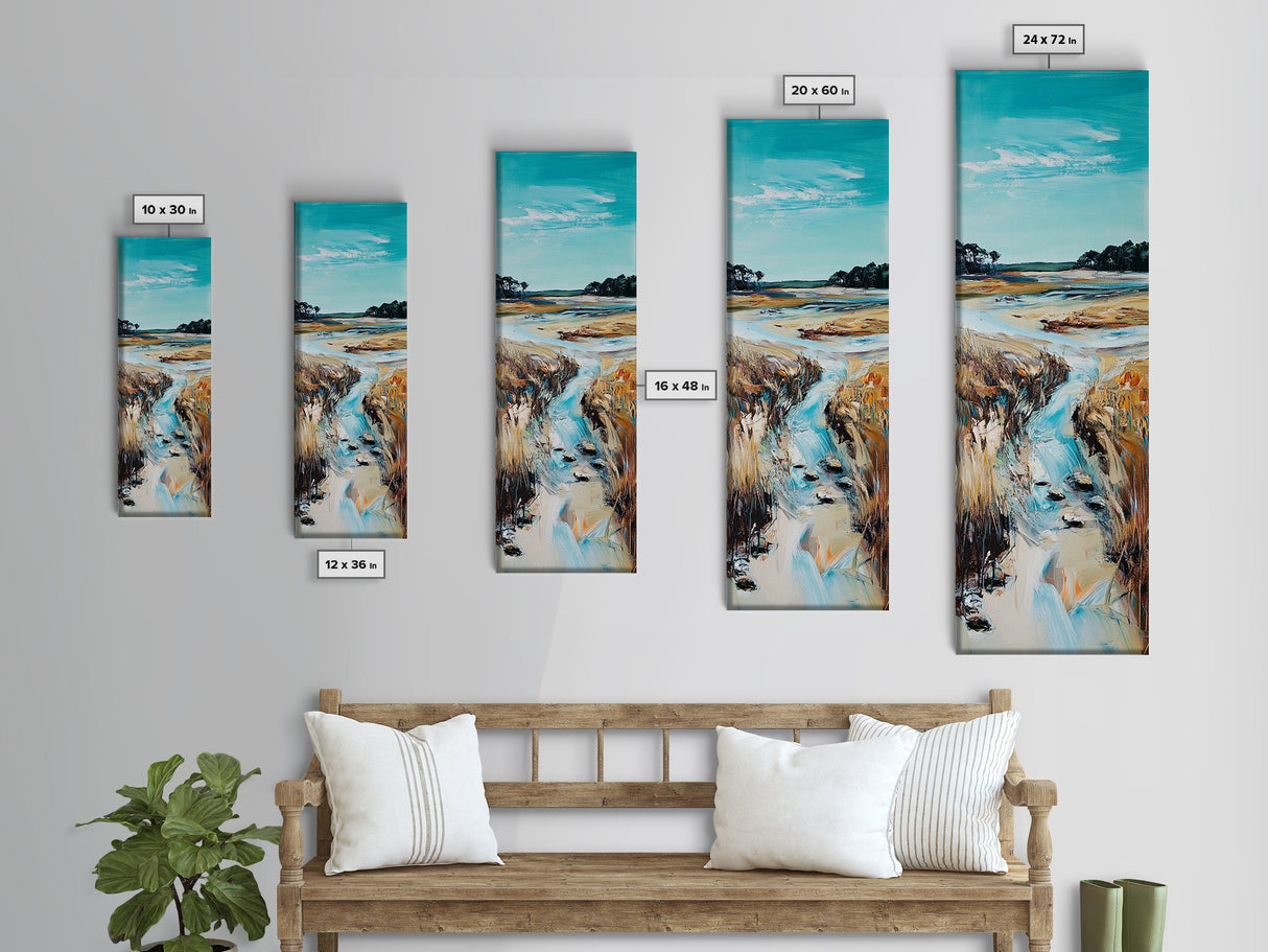 Marshland Stream, coastal landscape art, rustic wall art, farmhouse art, wabi sabi art, extra wide art, Canvas Print