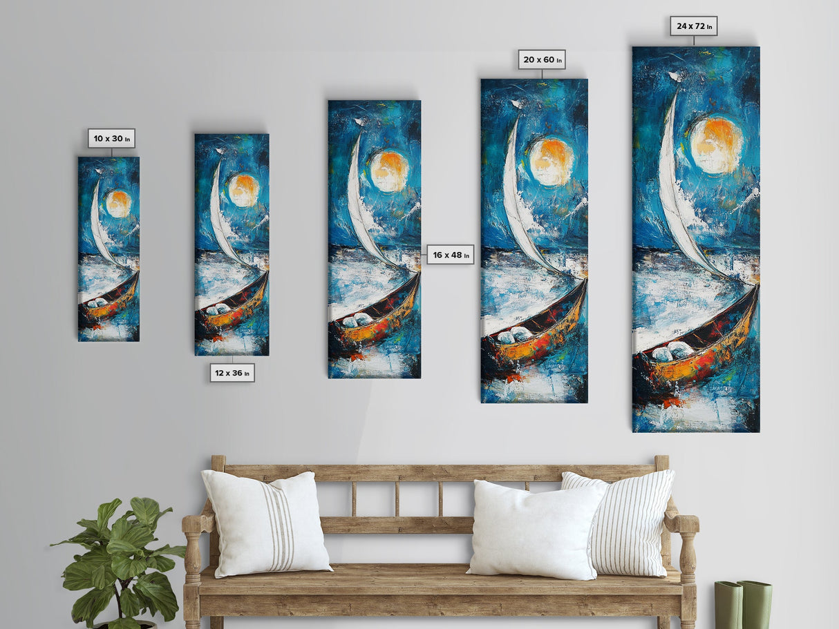 Sailboat, Moonlit Ocean, Nautical Wall Art, Coastal Landscape Art, Seascape Painting, Framed Canvas Print, Above Couch Art