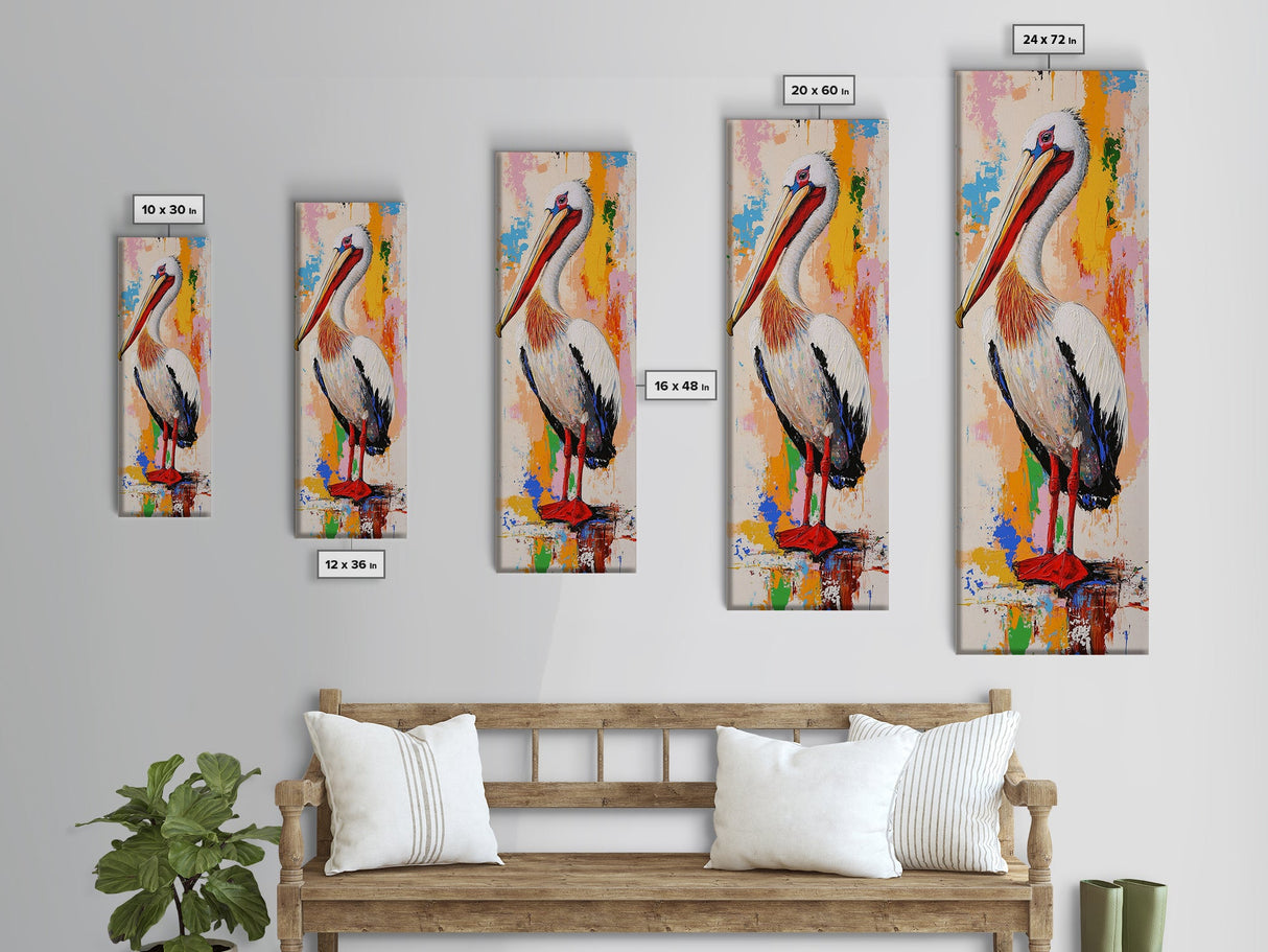 Colorful Pelican, bird art, framed canvas print, whimsical art, vibrant wall art, coastal decor, blue heron painting, rustic art