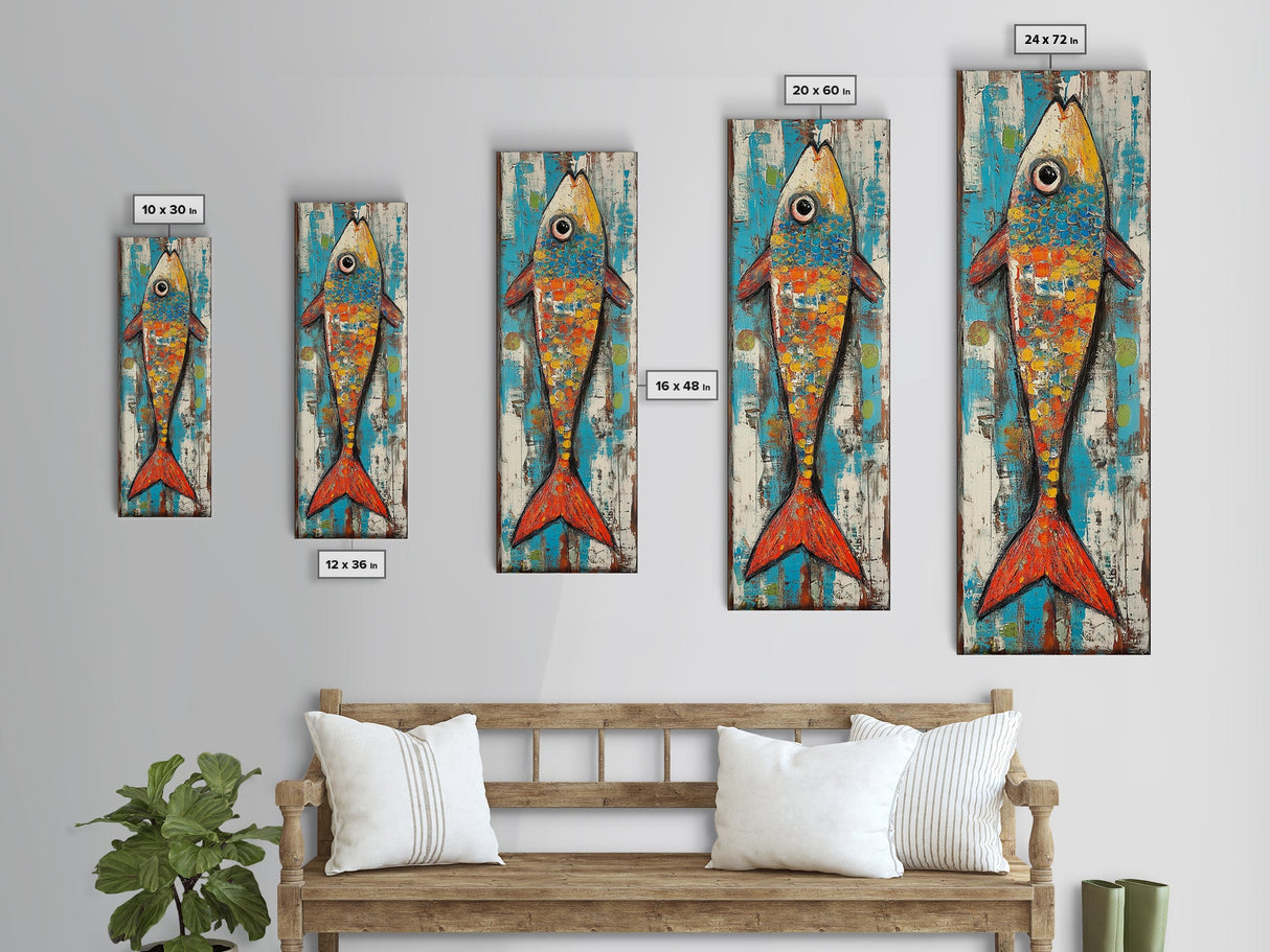 Koi fish painting, colorful fish art, nautical decor, rustic art, coastal cowgirl wall art, tall narrow art, canvas print