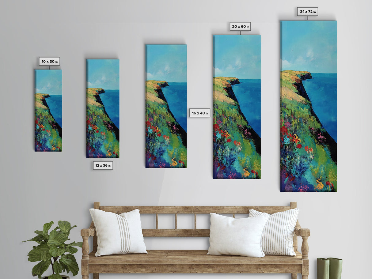 Coastal cliffs, Ireland painting, wildflower painting, landscape painting, framed canvas print, extra wide art