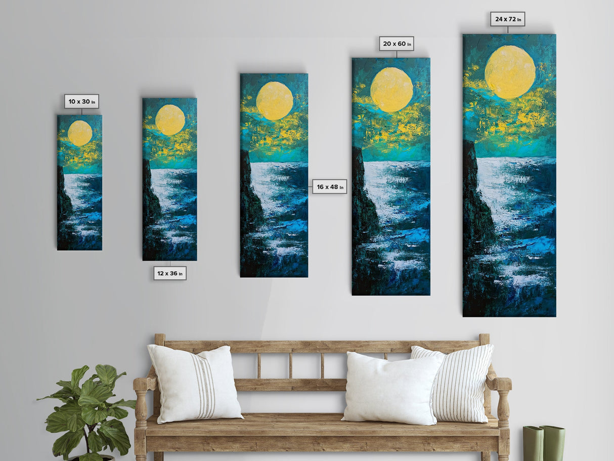 Moon oil painting, seascape painting, nighttime art, mystical wall art, ocean painting, moody art, framed canvas print