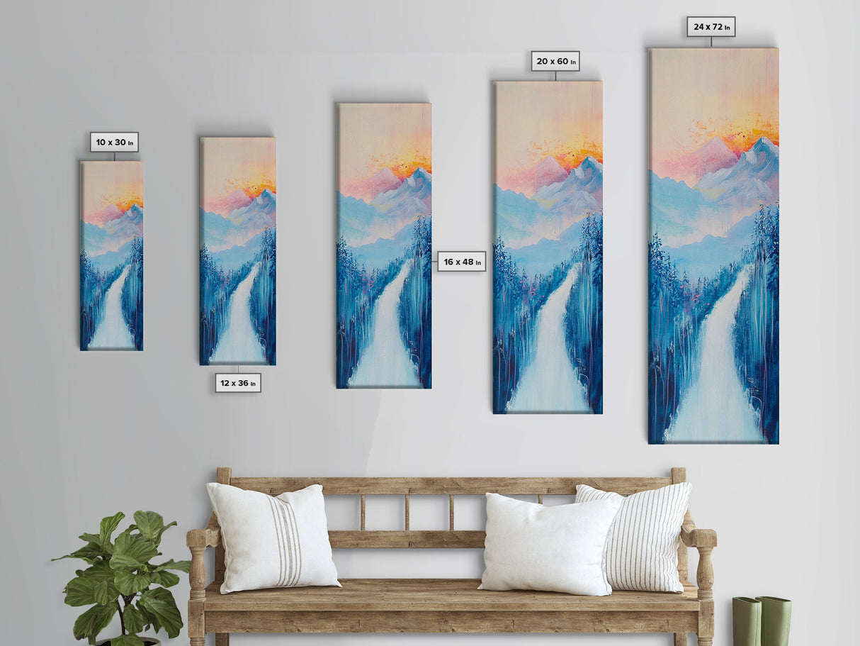Sunset Over Mountains, pink orange wall art, mountain painting,  framed canvas print, extra wide art