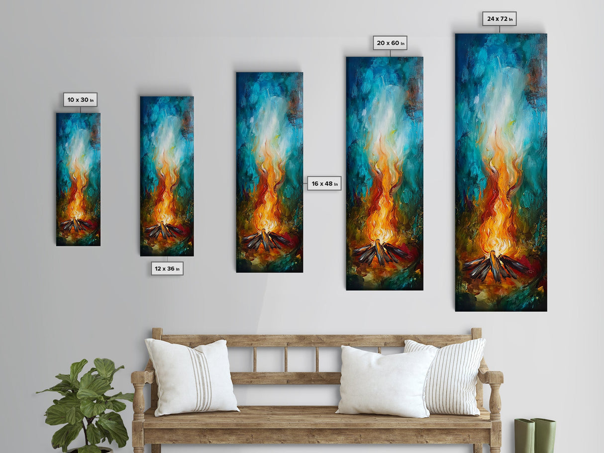 Cozy Campfire, rustic decor, autumn painting, moody art, forest at dusk painting, wabi sabi art, framed canvas print, vertical wall art