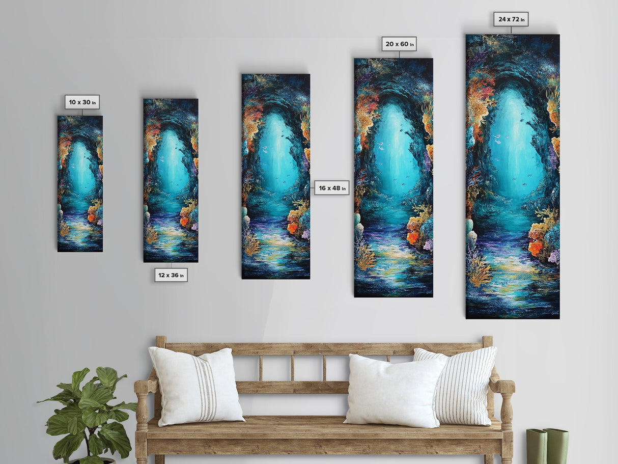 Underwater Cave, ocean painting, nautical wall art, coastal painting, seascape painting, framed canvas print, vertical wall art