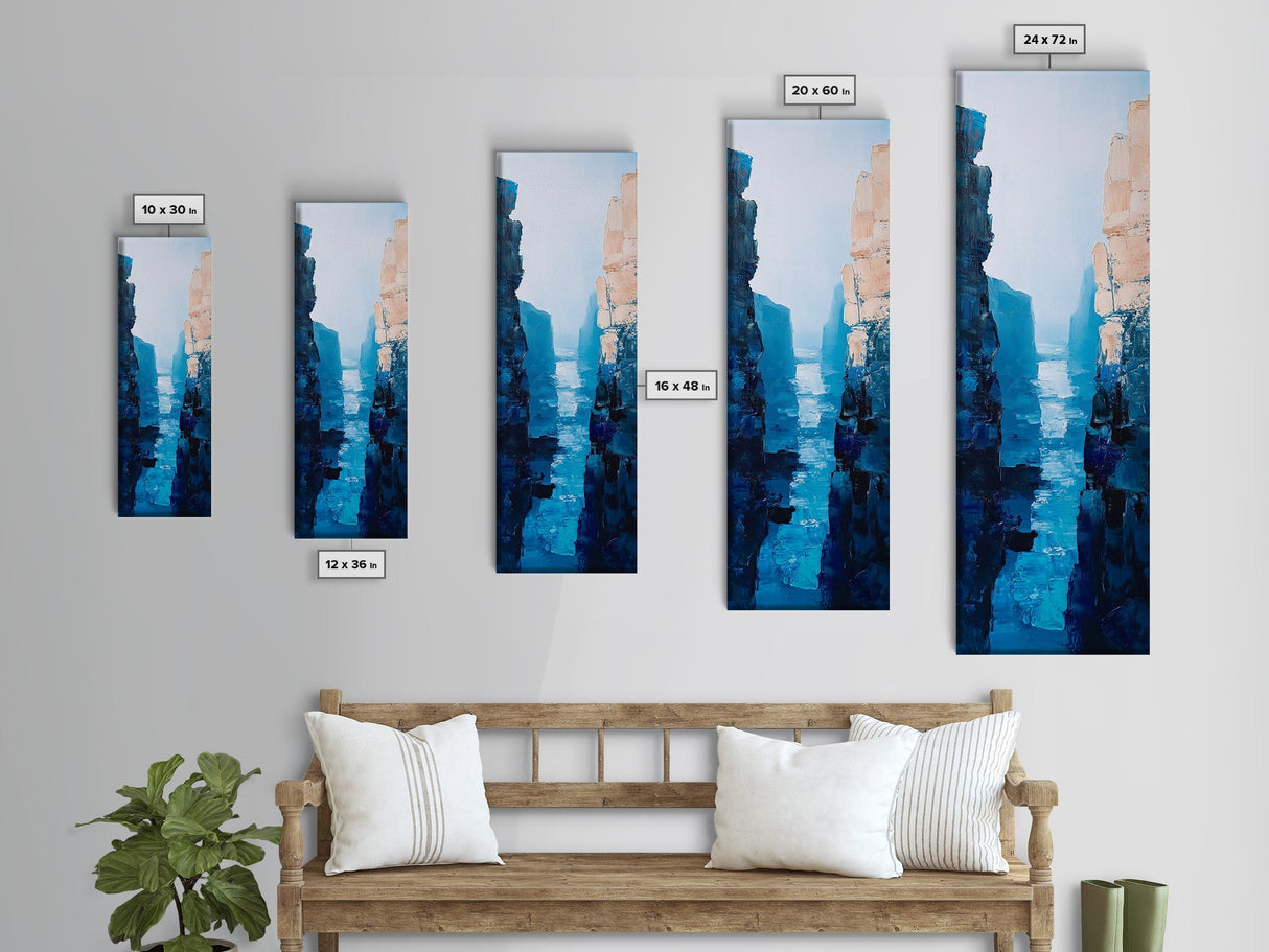 Canyon River View, landscape painting, blue and green wall art, nature lover gift, wabi sabi art, framed canvas print, vertical wall art