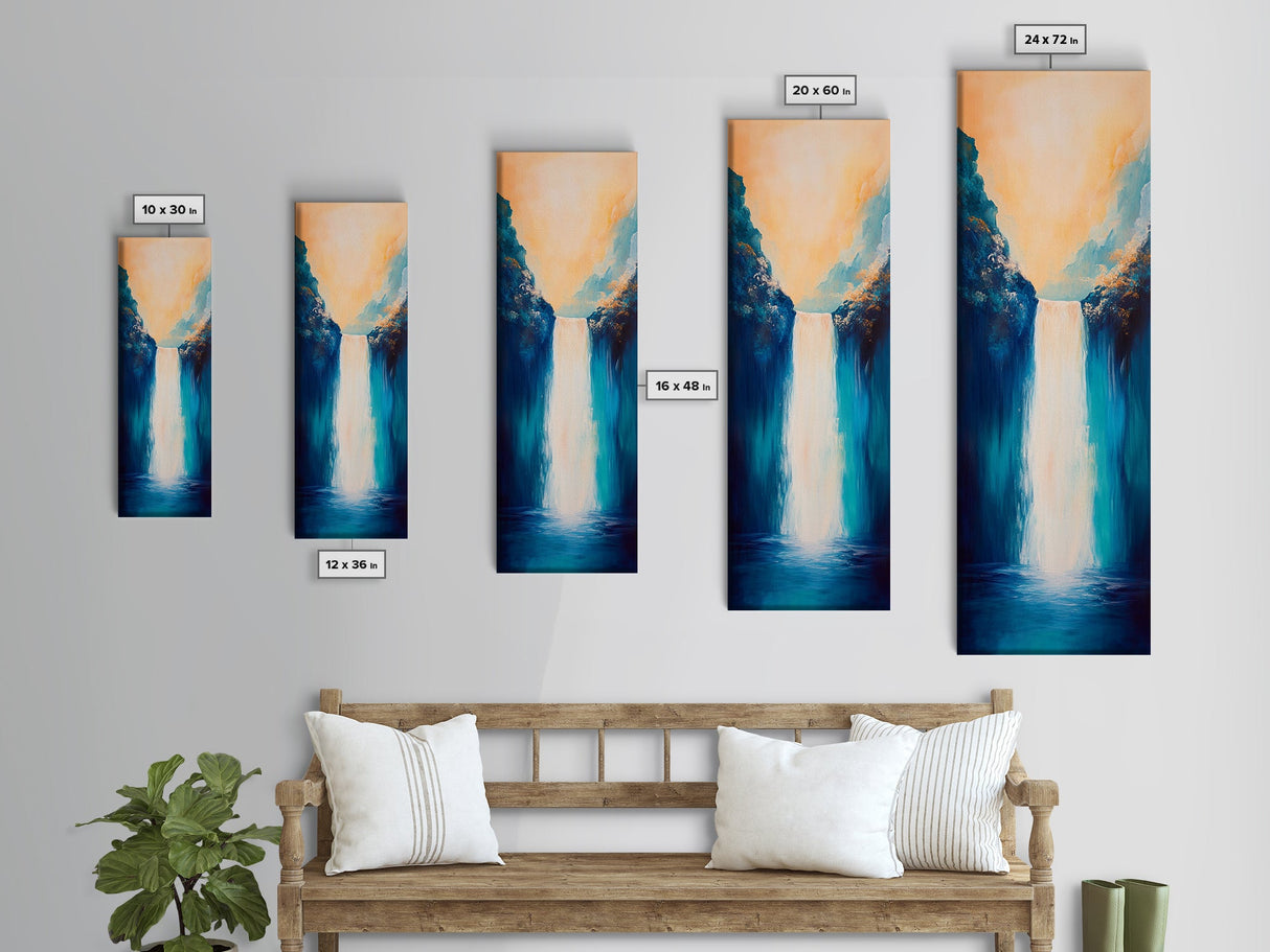 Waterfall Painting, Blue and Green Wall Art, Nature Landscape, Vertical Wall Art, Coastal Decor, Canvas Print, Gift Idea, Boho Art