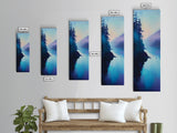 Misty Lake, forest at dusk painting, blue and green wall art, moody art, vertical wall art, pine tree art, framed canvas print